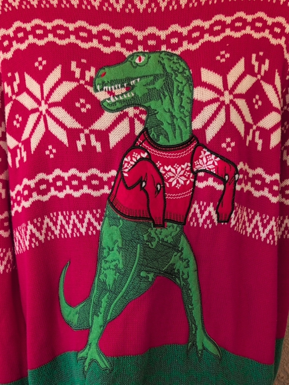 Men's Christmas Dinosaur wearing matching Snowflake Sweater Sz XL